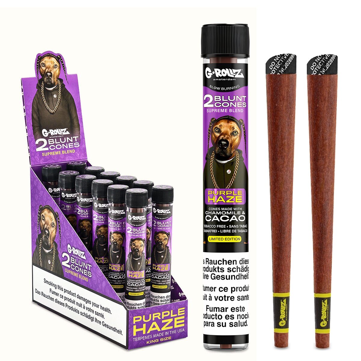 G-Rollz | 'The Dog' Terpene Infused Cones 'Purple Haze' (12 Pack Display, 24 Cones) with Warning
