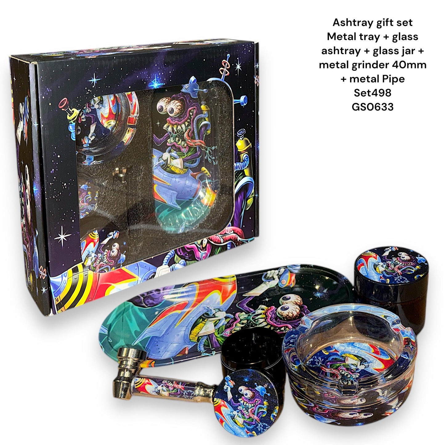 Grinder Gift Set - Metal Tray + Glass Ashtray + Glass Jar + Matal Grinder 40mm + Metal Pipe