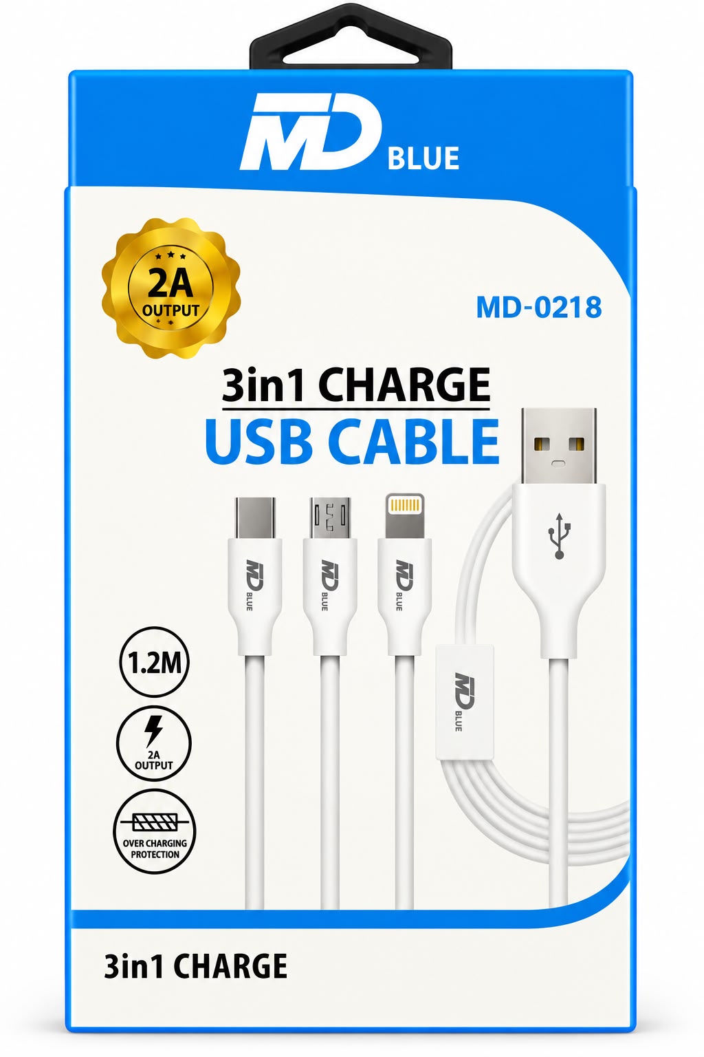 MDblue – 3-in-1 Ladekabel – USB-A > Micro USB, 8-Pin Lightning, USB-C - MD-0218