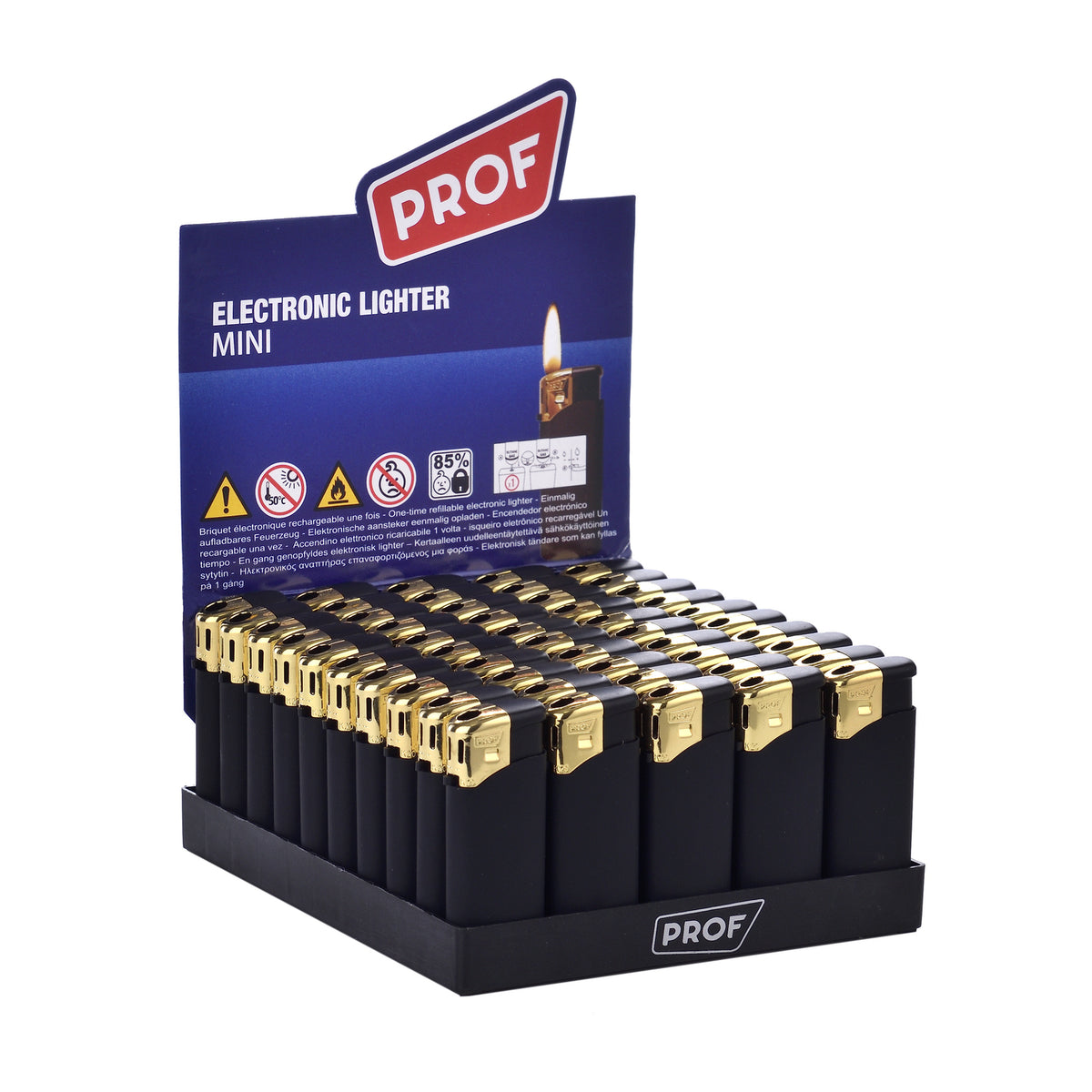Electro Mini Feuerzeuge 50er Display - BLACK RUBBER GOLD CAP
