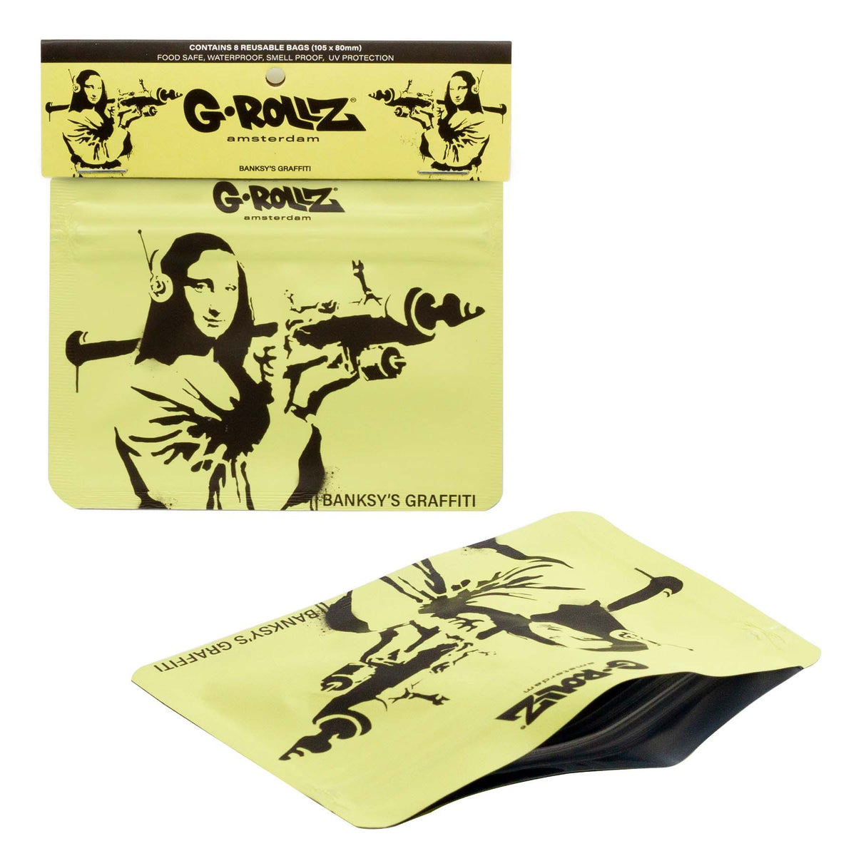 G-Rollz | Banksy's Graffiti 'Mona Launcher' 105x80 mm Smellproof Bags - 8pcs in Display