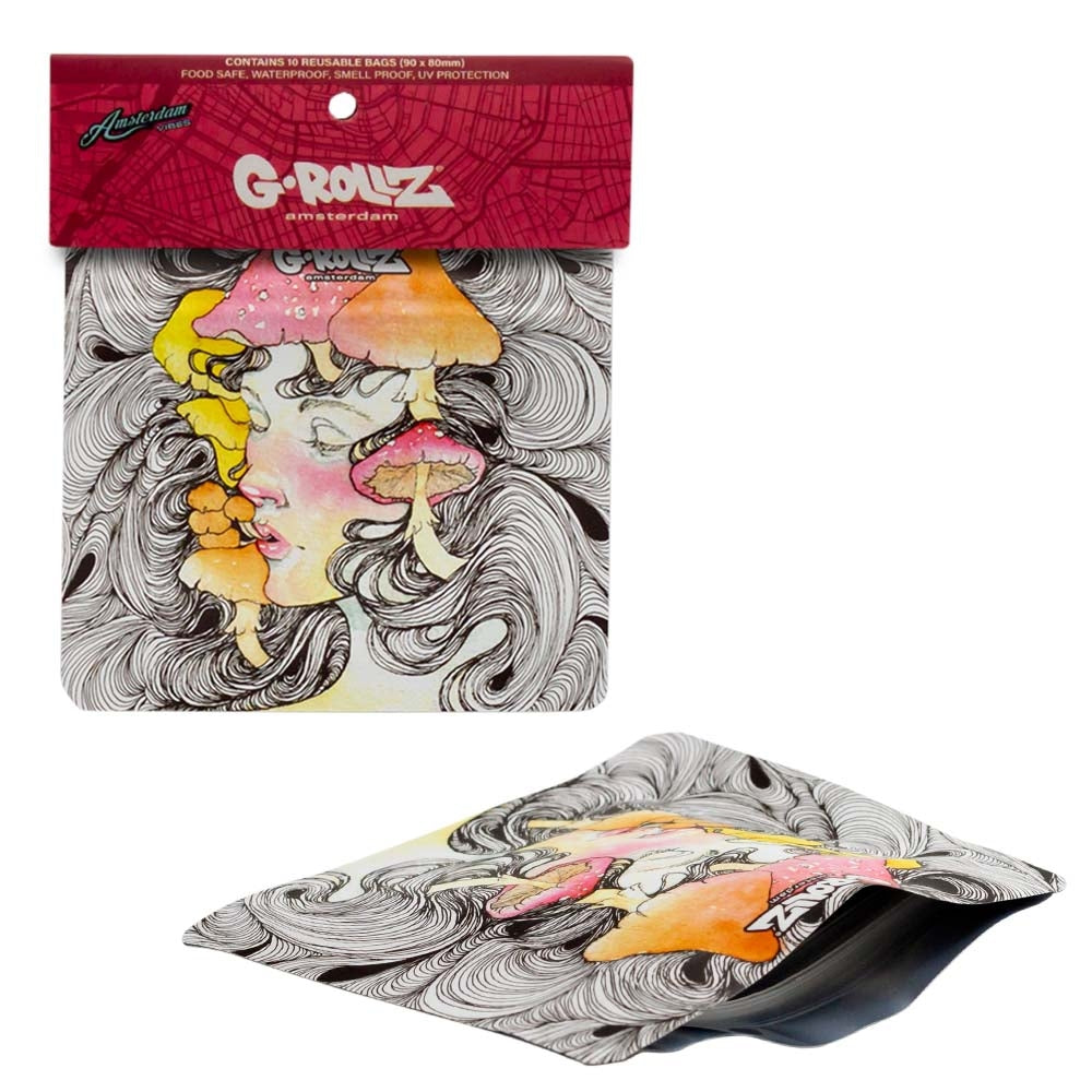 G-Rollz | 'Mushroom Lady' Smell Proof Bags 90 x 80mm - 10pcs in Display