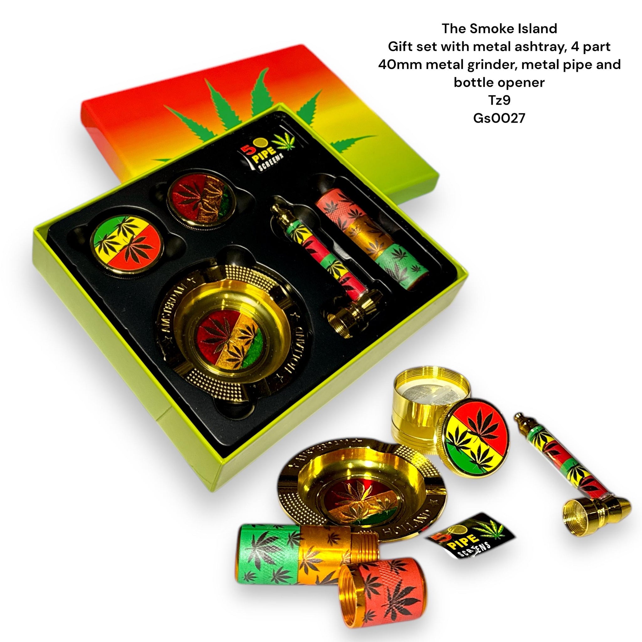 Grinder Gift Set with metal aschtray, 4 part 40mm metal grinder, metal pipe and bottle opener