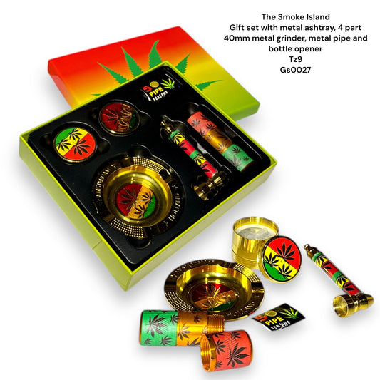 Grinder Gift Set with metal aschtray, 4 part 40mm metal grinder, metal pipe and bottle opener