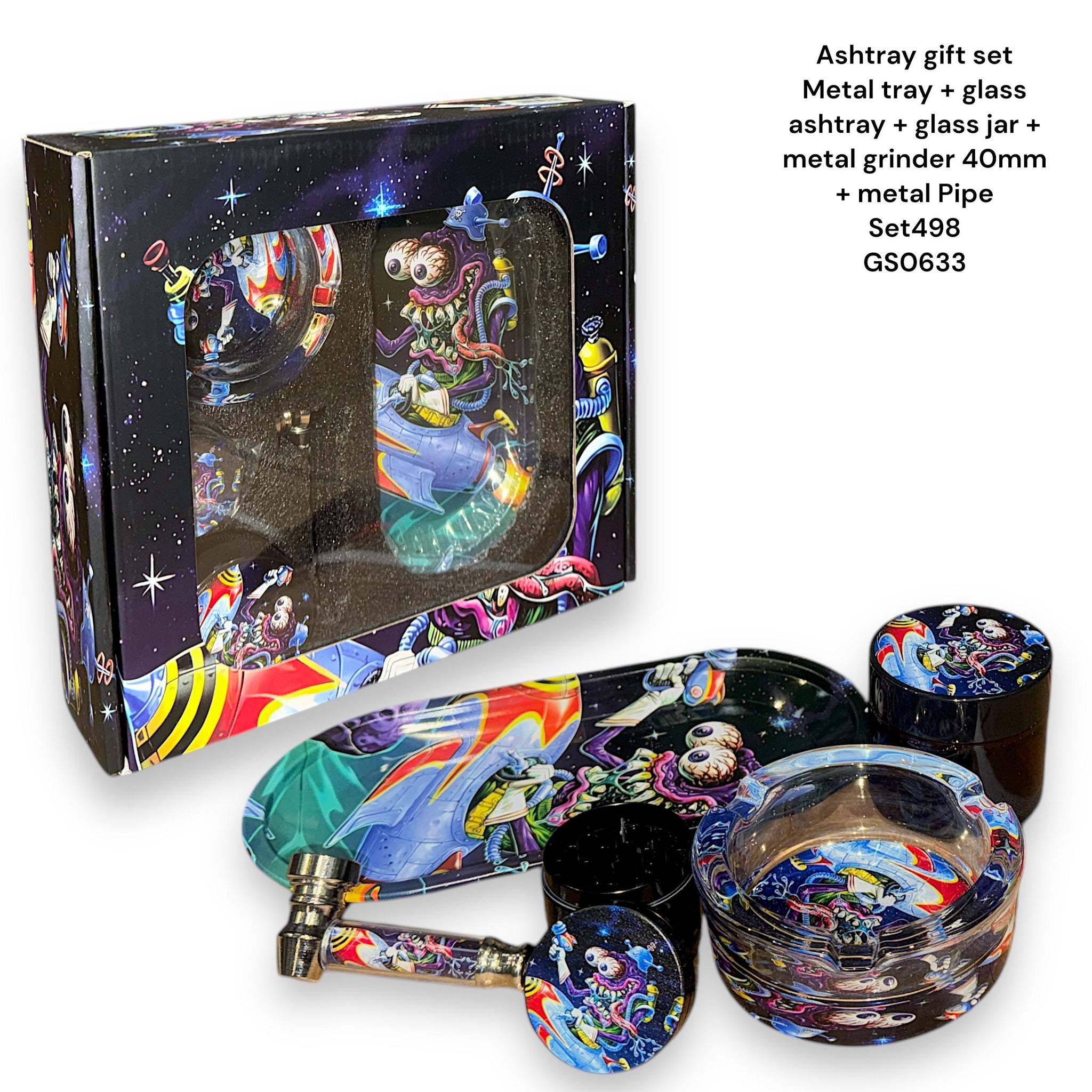 Grinder Gift Set - Metal Tray + Glass Ashtray +  Glass Jar + Matal Grinder 40mm + Metal Pipe