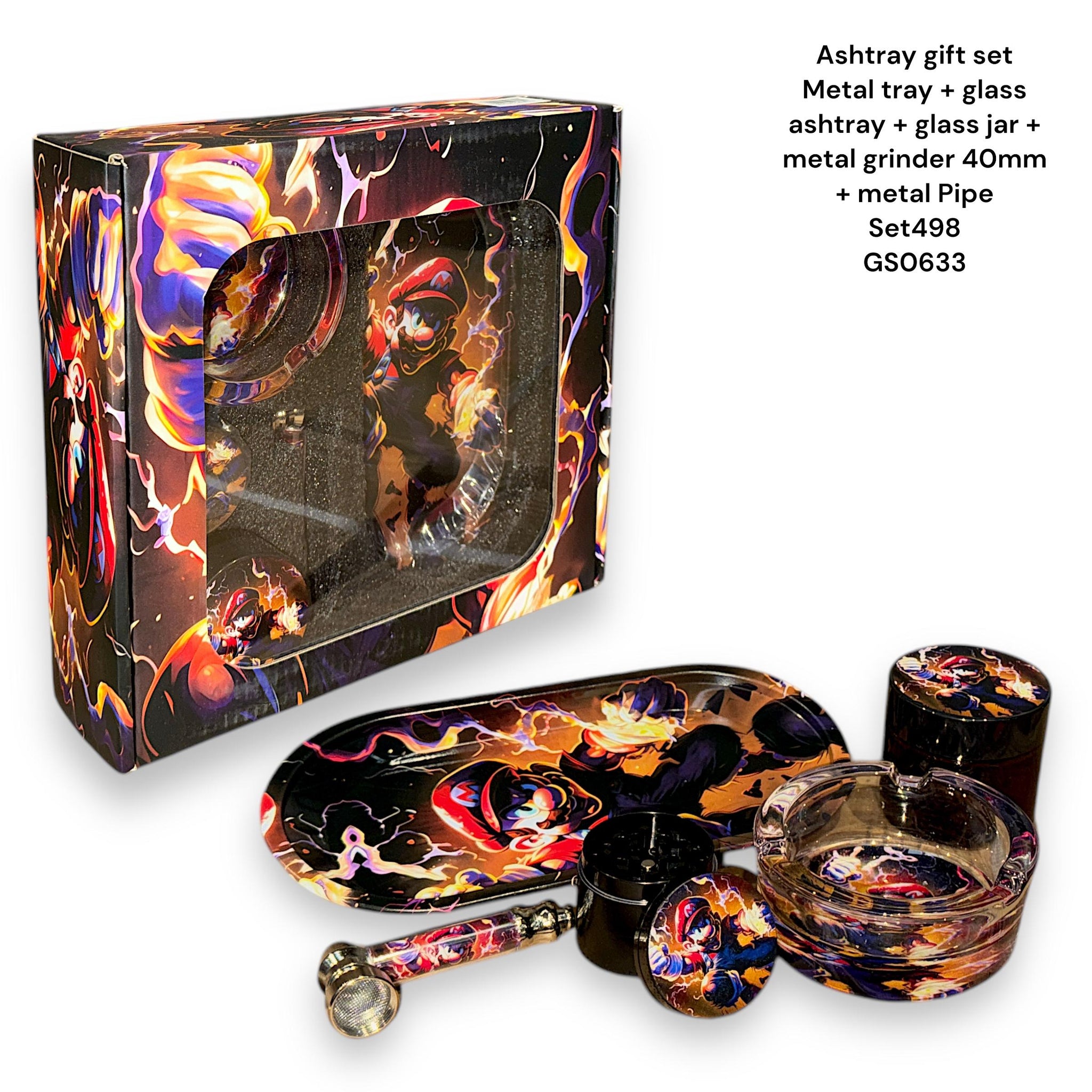 Grinder Gift Set - Metal Tray + Glass Ashtray +  Glass Jar + Matal Grinder 40mm + Metal Pipe