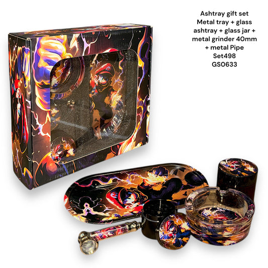 Grinder Gift Set - Metal Tray + Glass Ashtray +  Glass Jar + Matal Grinder 40mm + Metal Pipe