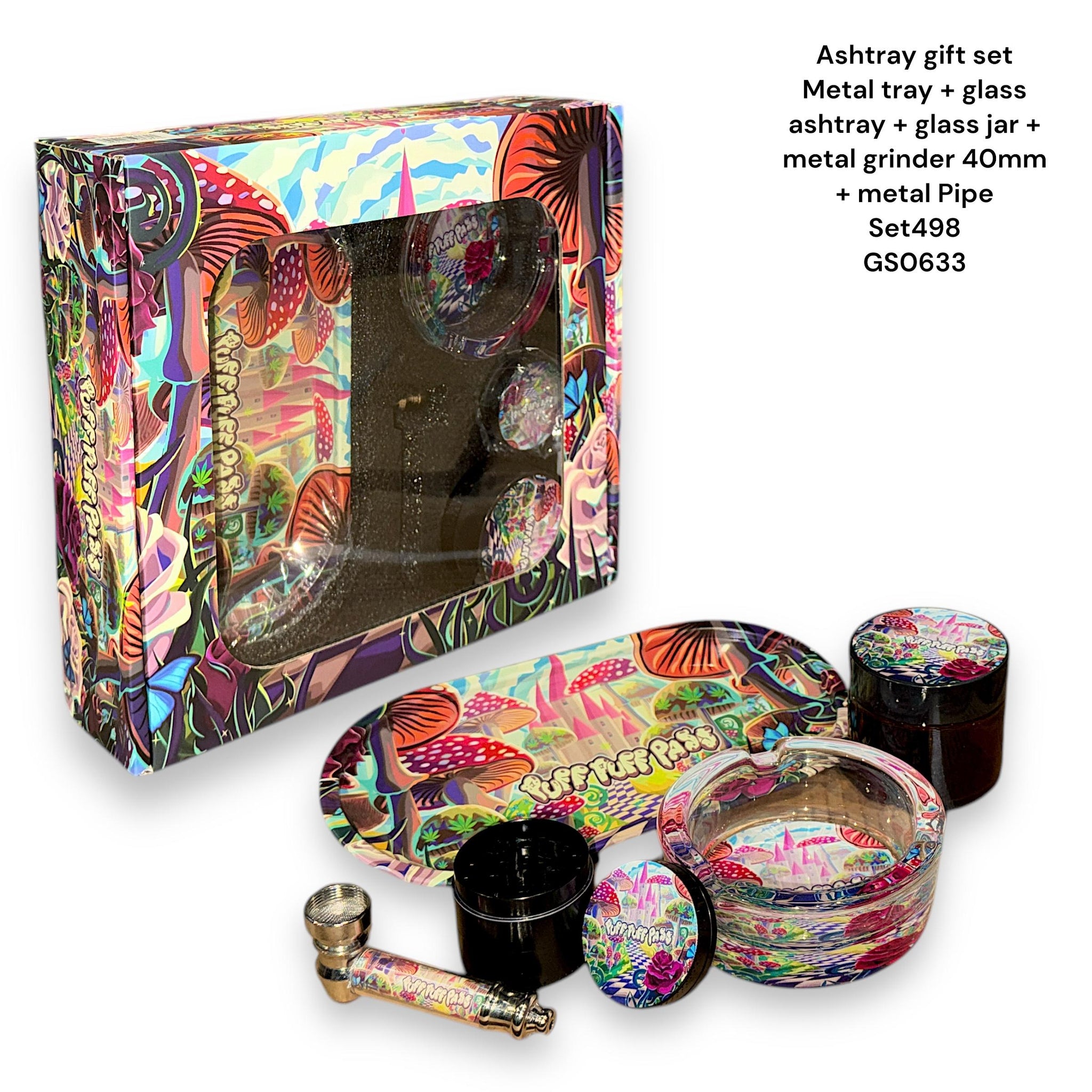 Grinder Gift Set - Metal Tray + Glass Ashtray +  Glass Jar + Matal Grinder 40mm + Metal Pipe