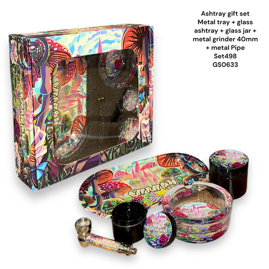Grinder Gift Set - Metal Tray + Glass Ashtray +  Glass Jar + Matal Grinder 40mm + Metal Pipe