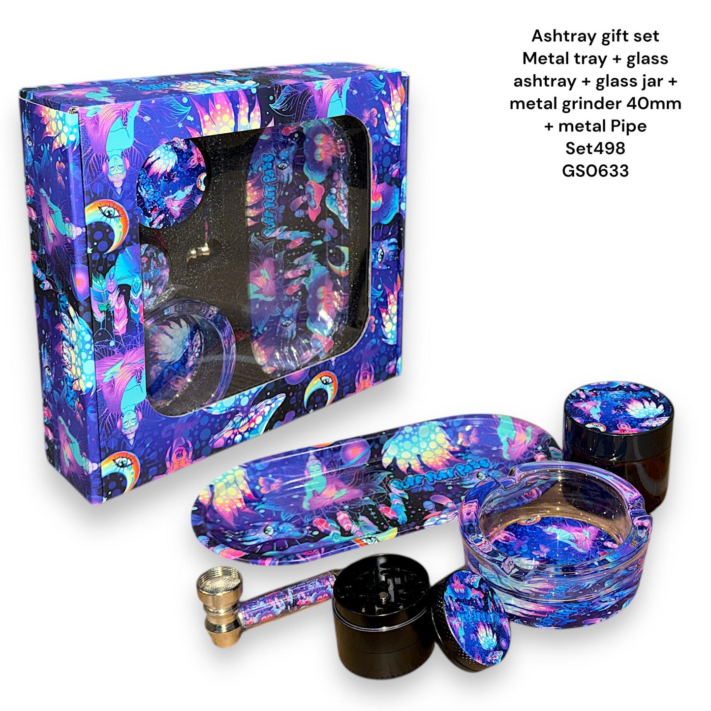 Grinder Gift Set - Metal Tray + Glass Ashtray +  Glass Jar + Matal Grinder 40mm + Metal Pipe