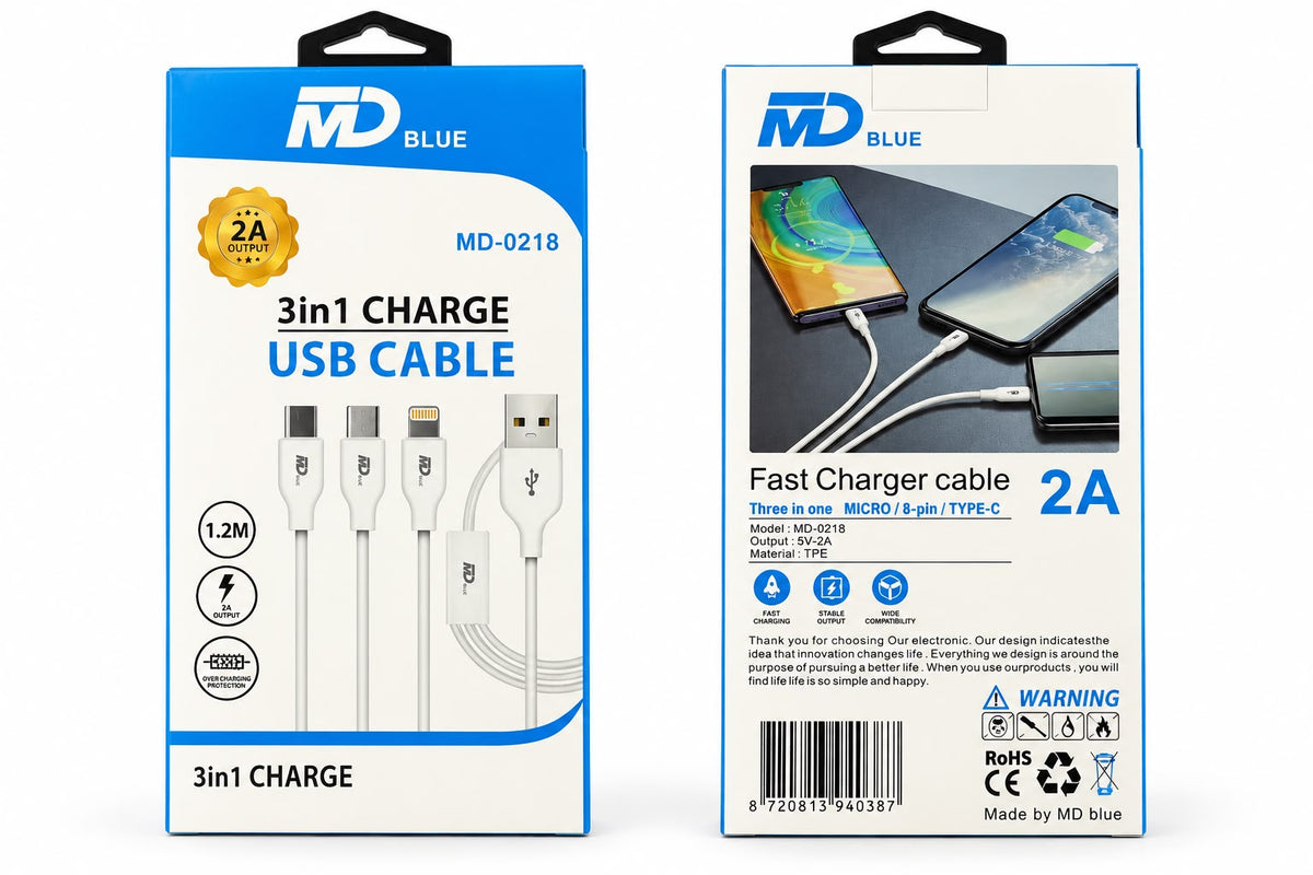 MDblue – 3-in-1 Ladekabel – USB-A > Micro USB, 8-Pin Lightning, USB-C ...