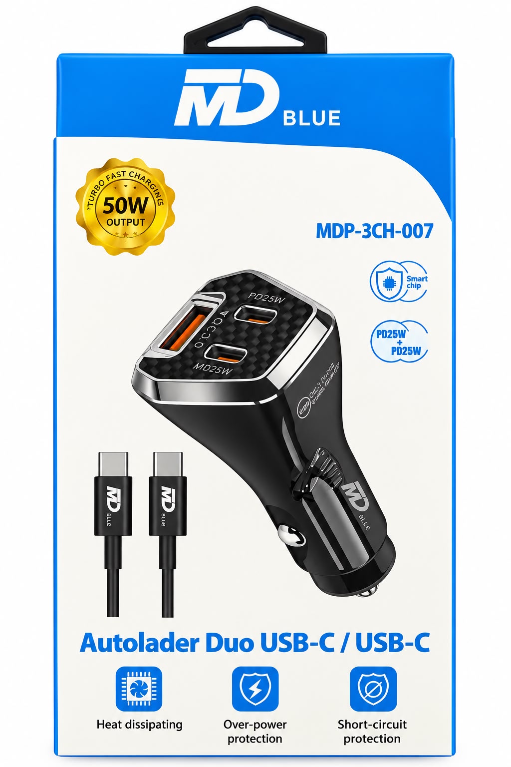 MD Blue – Autoladegerät – 1 x USB-A – 2 x C Anschluss – Schnelllader – 50 Watt - MDP-3CH-007