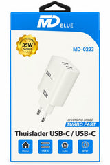 MDblue – Ladestecker – 2x USB-C – Heimladegerät – Schnellladegerät – 35 Watt – Weiß - MD-0223