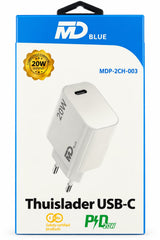 MDblue – Ladestecker 1x USB-C – Heimladegerät – Schnellladegerät – 20 Watt – Weiß - MDP-2CH-003