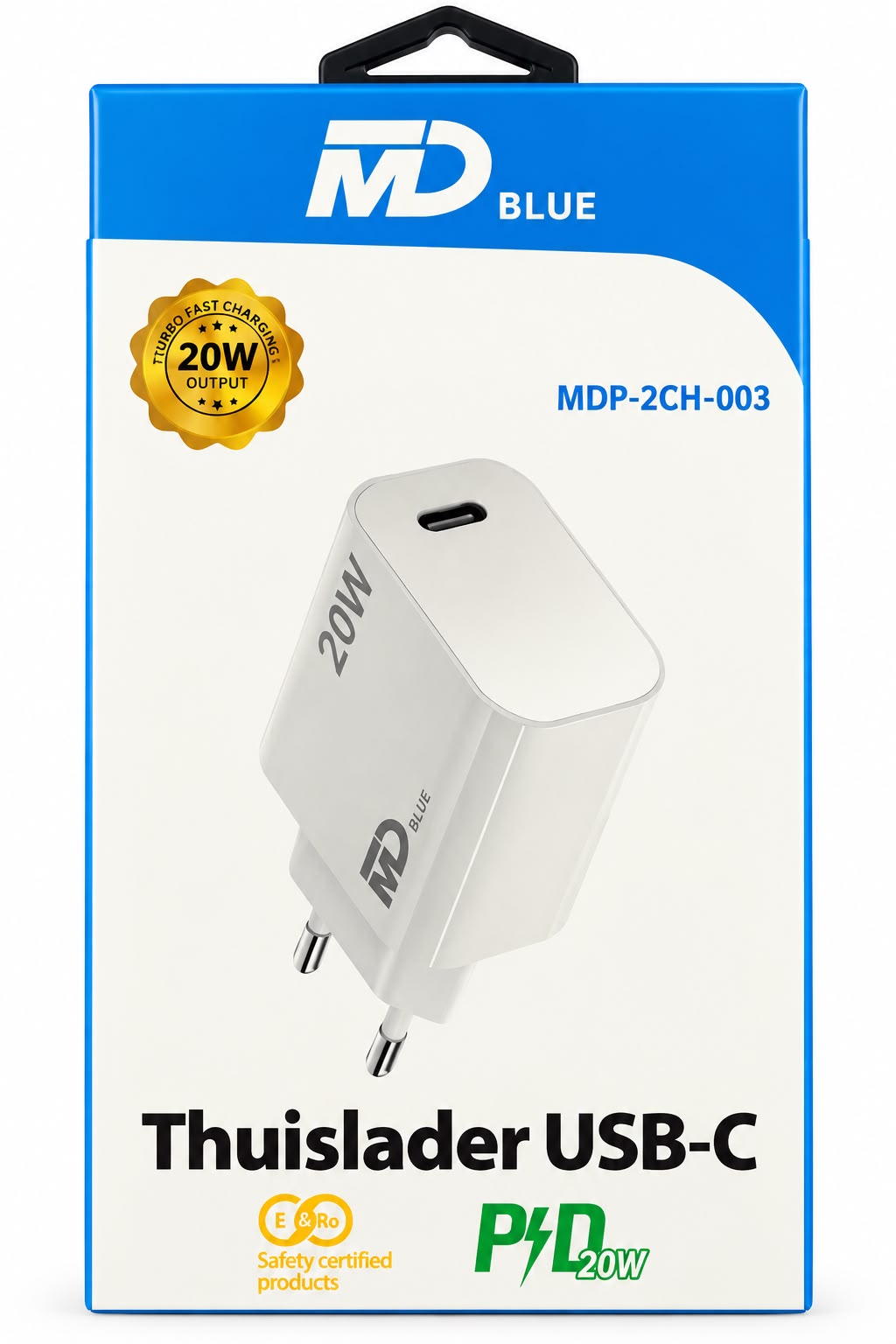 MDblue – Ladestecker 1x USB-C – Heimladegerät – Schnellladegerät – 20 Watt – Weiß - MDP-2CH-003