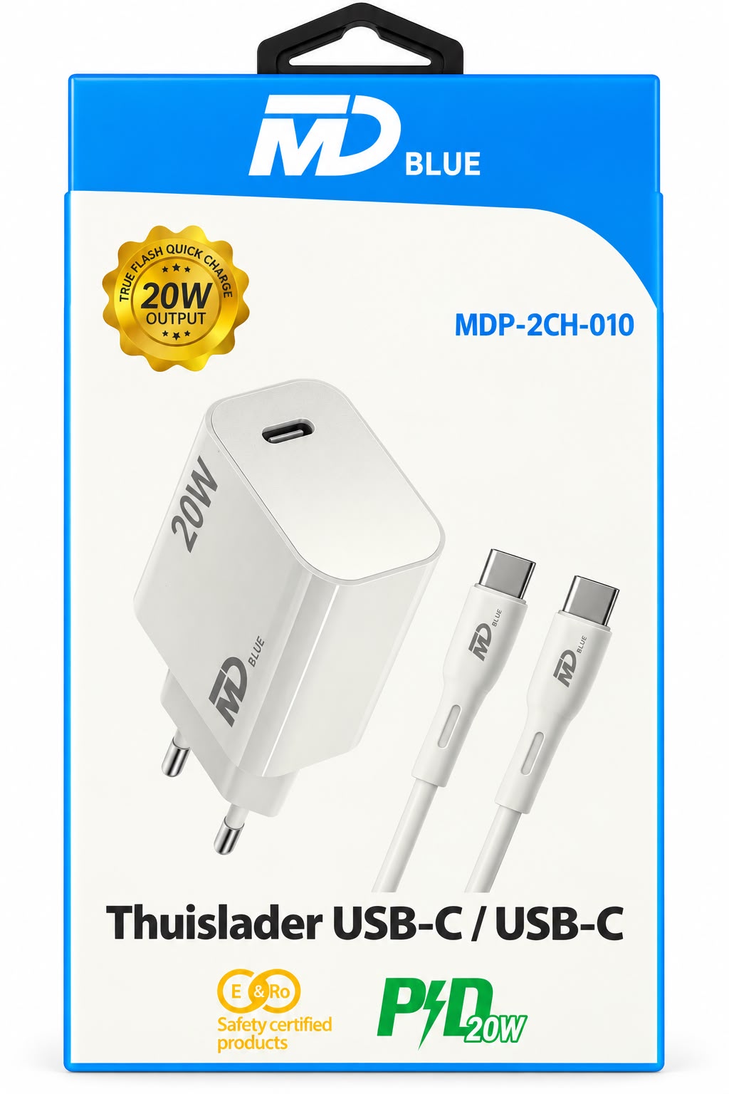 MDblue – Ladestecker mit Kabel – 1x USB-C / USB-C – Heimladegerät – Schnellladegerät – 20 Watt – Weiß - MDP2CH-010