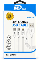 MDblue – 3-in-1 Ladekabel – USB-A > Micro USB, 8-Pin Lightning, USB-C - MD-0218