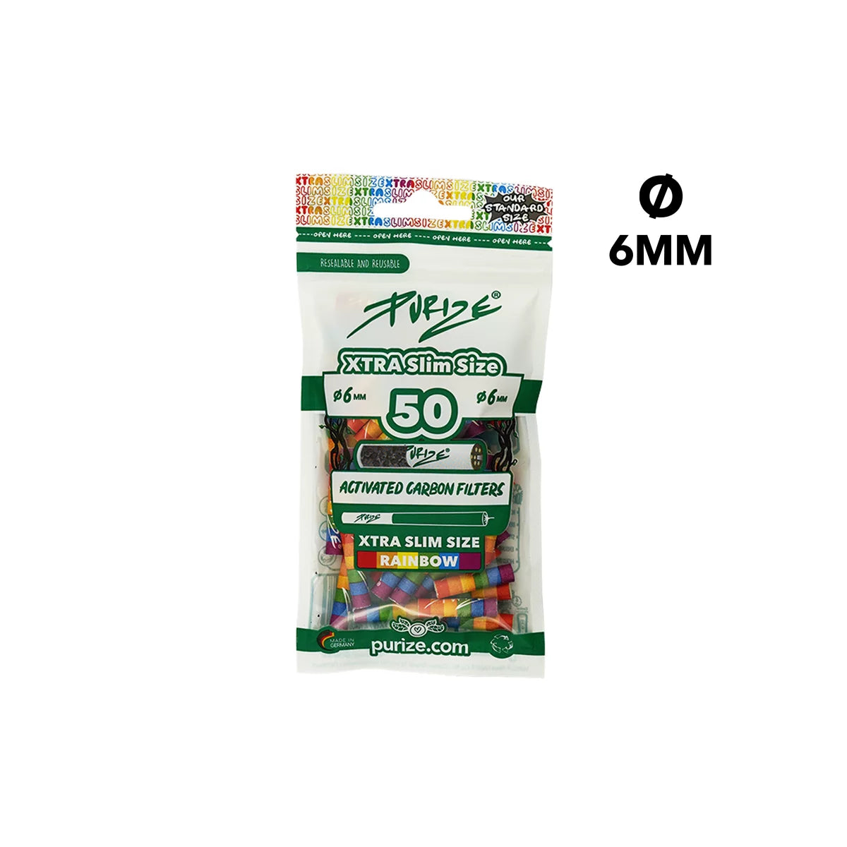 PURIZE Activekohlefilter Xtra Slim Size | 50er Beutel 6 mm - Rainbow