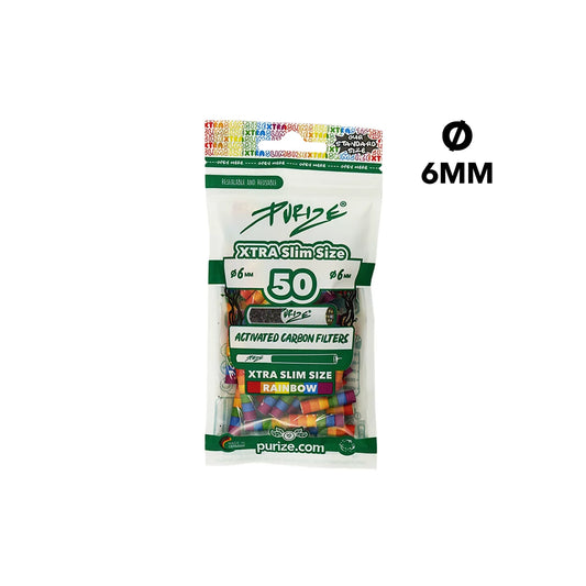 PURIZE Activekohlefilter Xtra Slim Size | 50er Beutel 6 mm - Rainbow